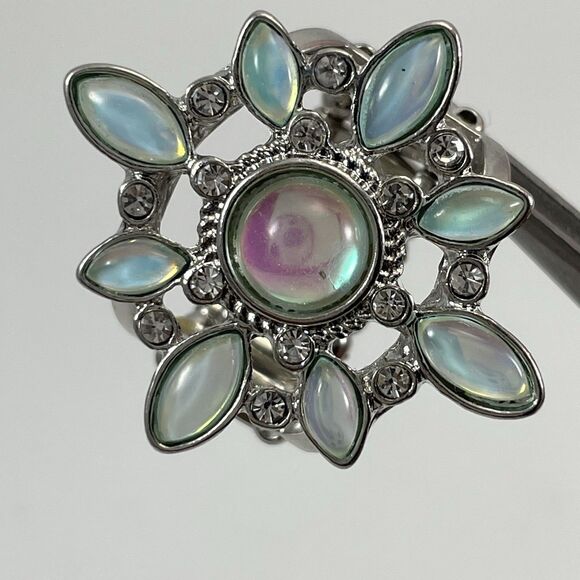 Silver Tone Mermaid Iridescent Snow Flake Shape Boho Stretch Ring Sz 7 - 8.5 - Picture 2 of 6
